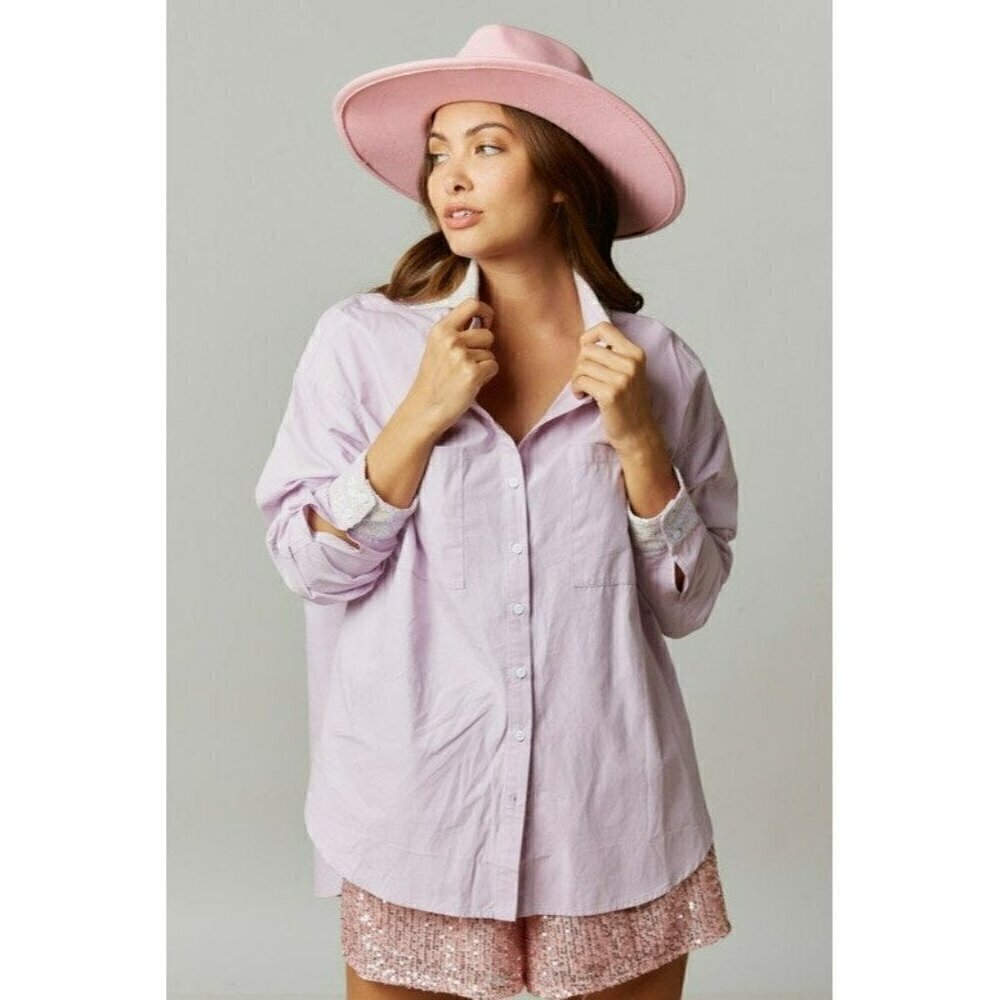 Mimosa Brunch Sequin Patch Poplin Oversize Shirt in Lavender - Picture 4 of 8